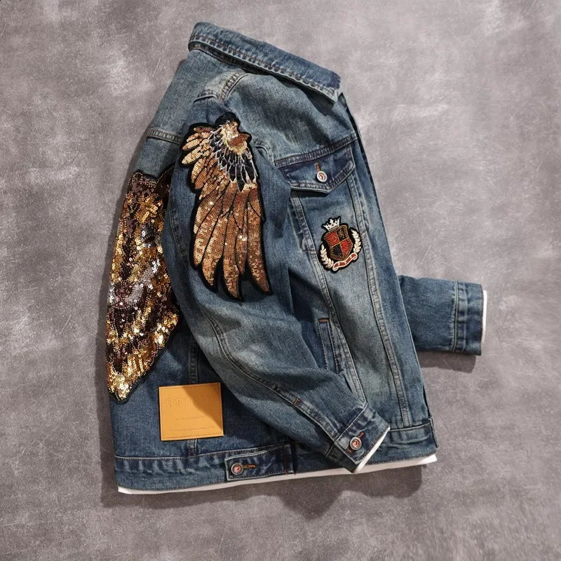 2024 personalized sequin n mens denim jacket Owl embroidered fashion trend loose fit top 240809