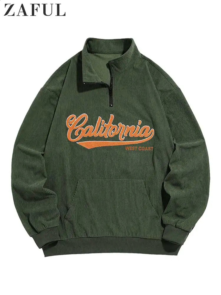 Sweat à capuche en velours côtelé pour hommes Lettre Sweatshirts brodés Col roulé Streetwear Pull Automne Hiver Unisexe Jumper Veste 240810