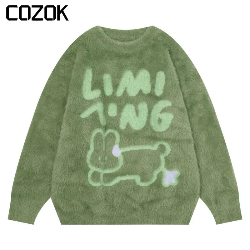 Japanese Harajuku Mink Velvet Knitted Sweater Men Women Cartoon Rabbit Pattern Loose Jumpers Autumn Pullovers Unisex Winter 240812