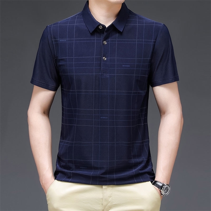 Mens Ice Silk Shortsleeved Tshirt Summer Middle and Old Age POLO Shirt Solid Color Check Print Oversized Business Casual y240810