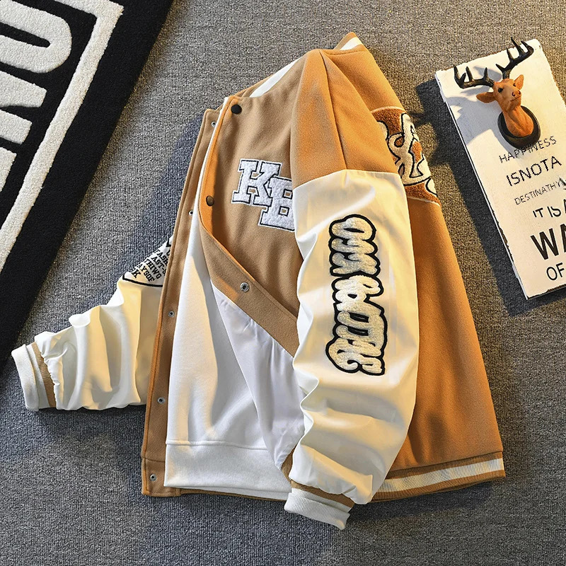 Mens Autumn Woolen Jacket High-end Trendy Korean Style Versatile Blocking Jacket Baseball Uniform 240810