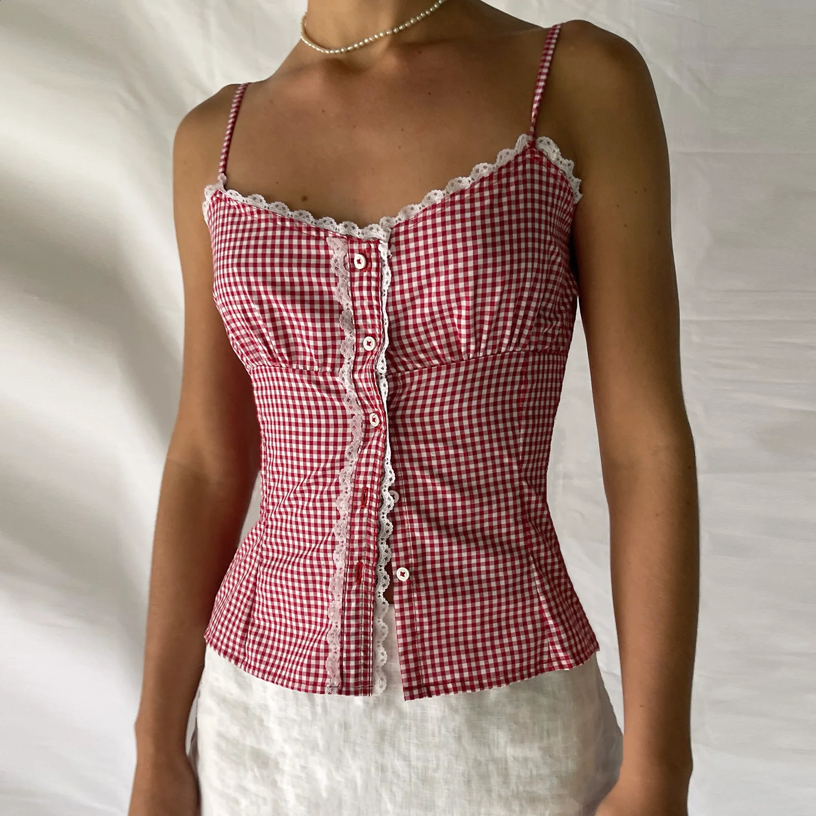 Gaono Women Y2K Gingham Tank Top Spaghetti Strap Checkered Lace Trim Camisole Plaid Backless Slim Fit Cami Tops 240812
