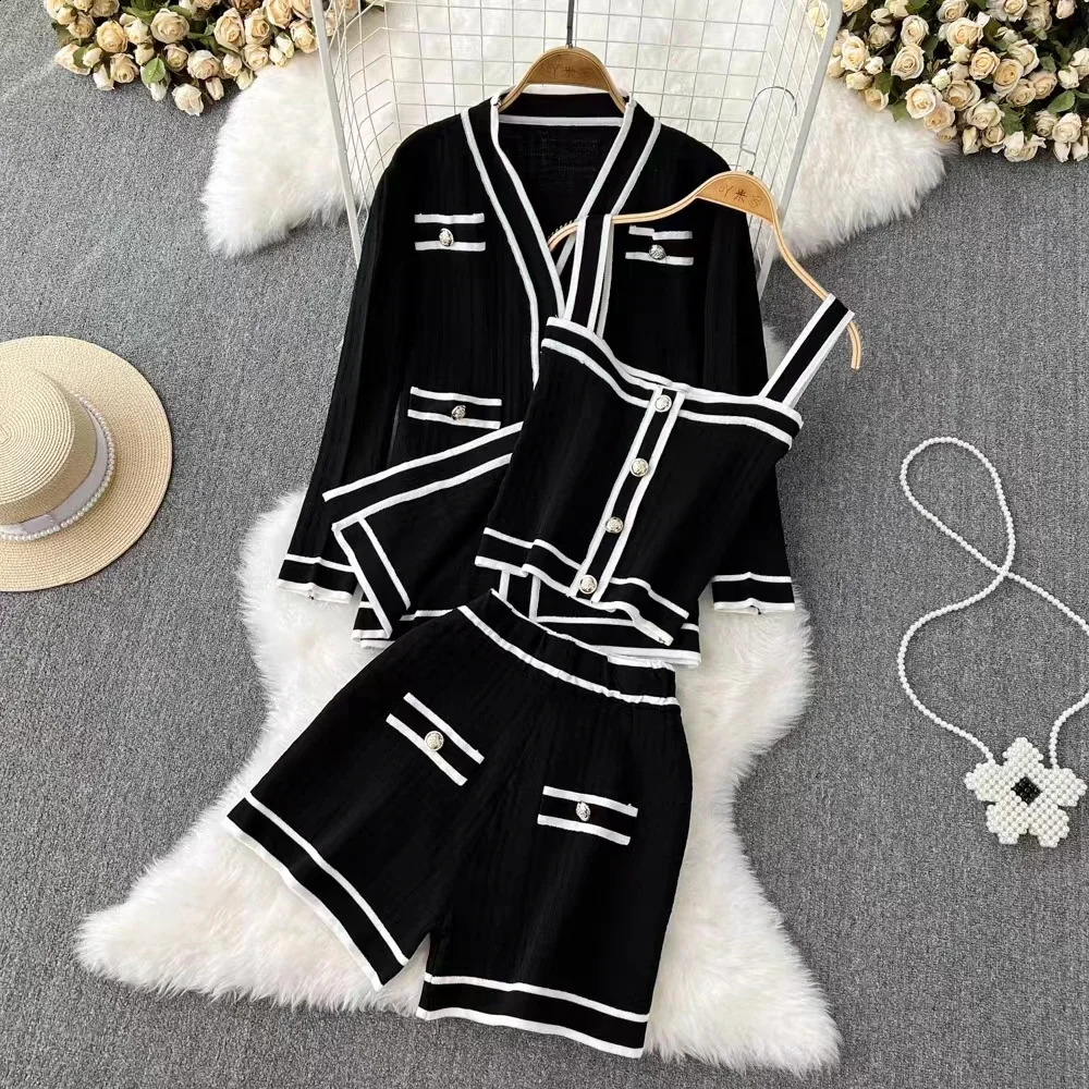 Women Sweater Pant Set 3 Pieces Casual Tank Cardigans Suits Autumn Winter Knitted Shorts OL Elegance Tops Elastic Sweaterpants 240812
