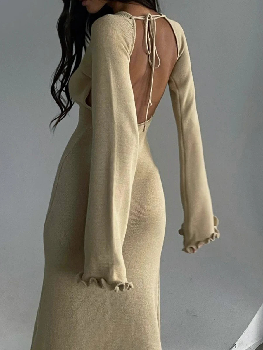 chic and elegant Womens Long Sleeve Knitted Bodycon Dress Tie Backless Round Neck Solid Color Ruffle Trim Long Dress Beachwear 240812