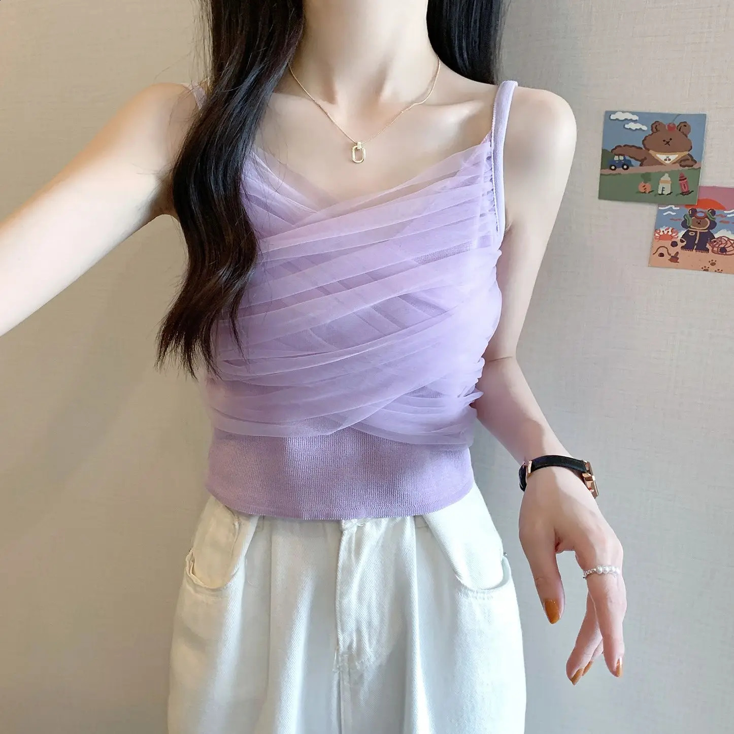 Korea Chic Mesh Patchwork V-neck Tank Top for Women Y2K Base Sleeveless Corset Short Vest for Gilrs Female Strap Tanks 240812