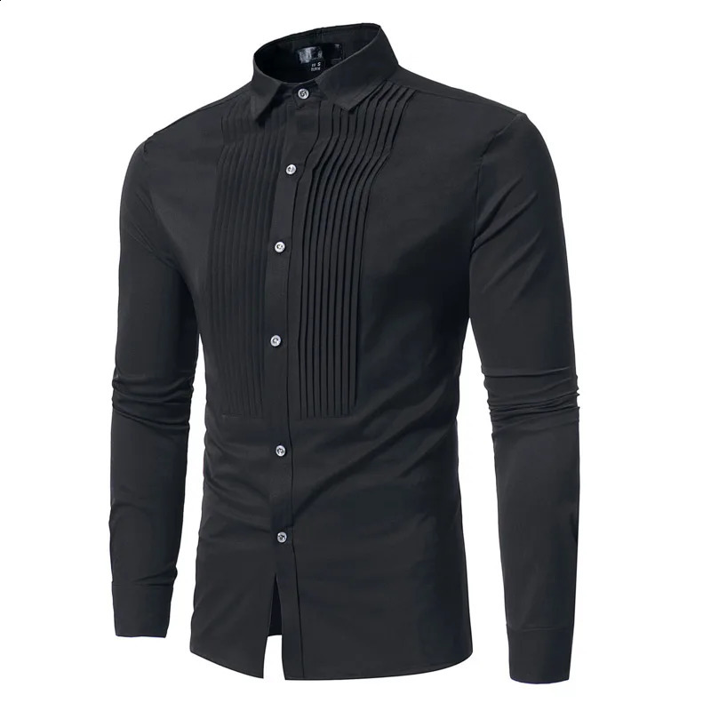 #4630 Front Pleated Menss Shirt Long Sleeve Regular Fit Black White Red Blue Office Business Mens Dress Shirts High Quality 240812