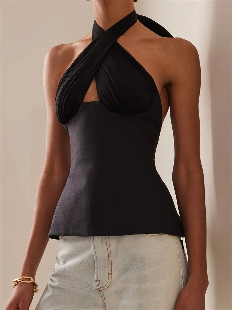 CHRONSTYLE Sexy Women Summer Fashion Tank Tops Solid Color Sleeveless Backless Tie-up Halter Off Shoulder Ruched Vest Streetwear 240812