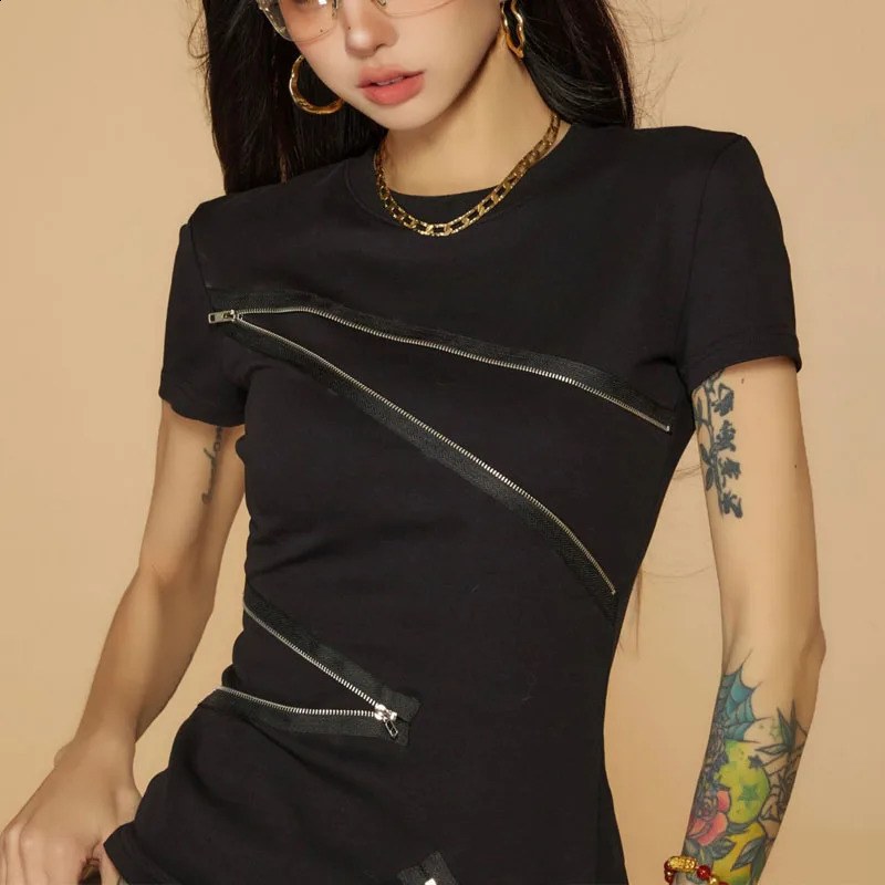 Jeune style sauvage noir gris épaule à manches courtes t-shirts femmes d'été cravate mince zipper collyfory tops 240812