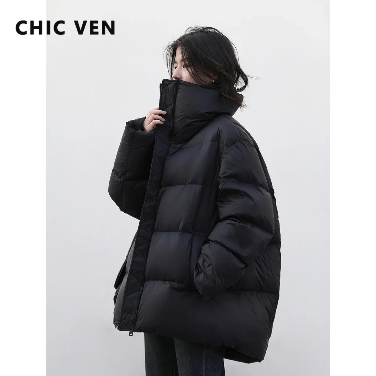 CHIC VEN Women Down Coats Long Sleeve Soft Solid Lightweight Bread Down Jacket Female Warm Coat Lapel Outerwear Winter 240812