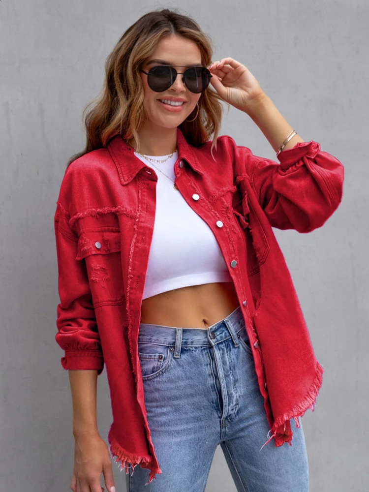 Women Denim Jacket Fashion Female Streetwear Casual Long Sleeve Tops Lapel Button Loose Jean Jacket Fall Autumn Winter Outwear 240812
