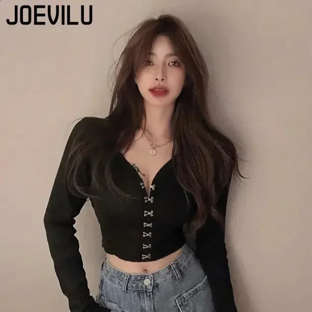 JOEVILU Chic Crop Tops Sexy V-neck Knitted Cardigan Spring and Autumn Long Sleeve T-shirt Womens Korean Y2k Top Gothic Clothes 240812