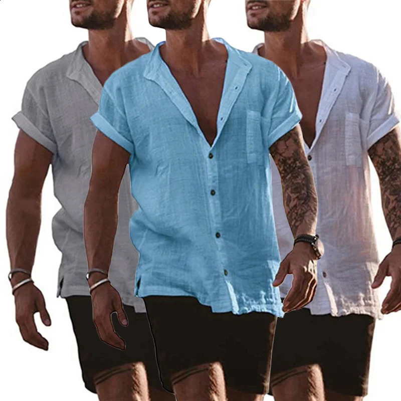 Coton Linge Mens Shirts à manches courtes Collier de support de couleur unie Summer Style Casual Beach Plus taille 240810