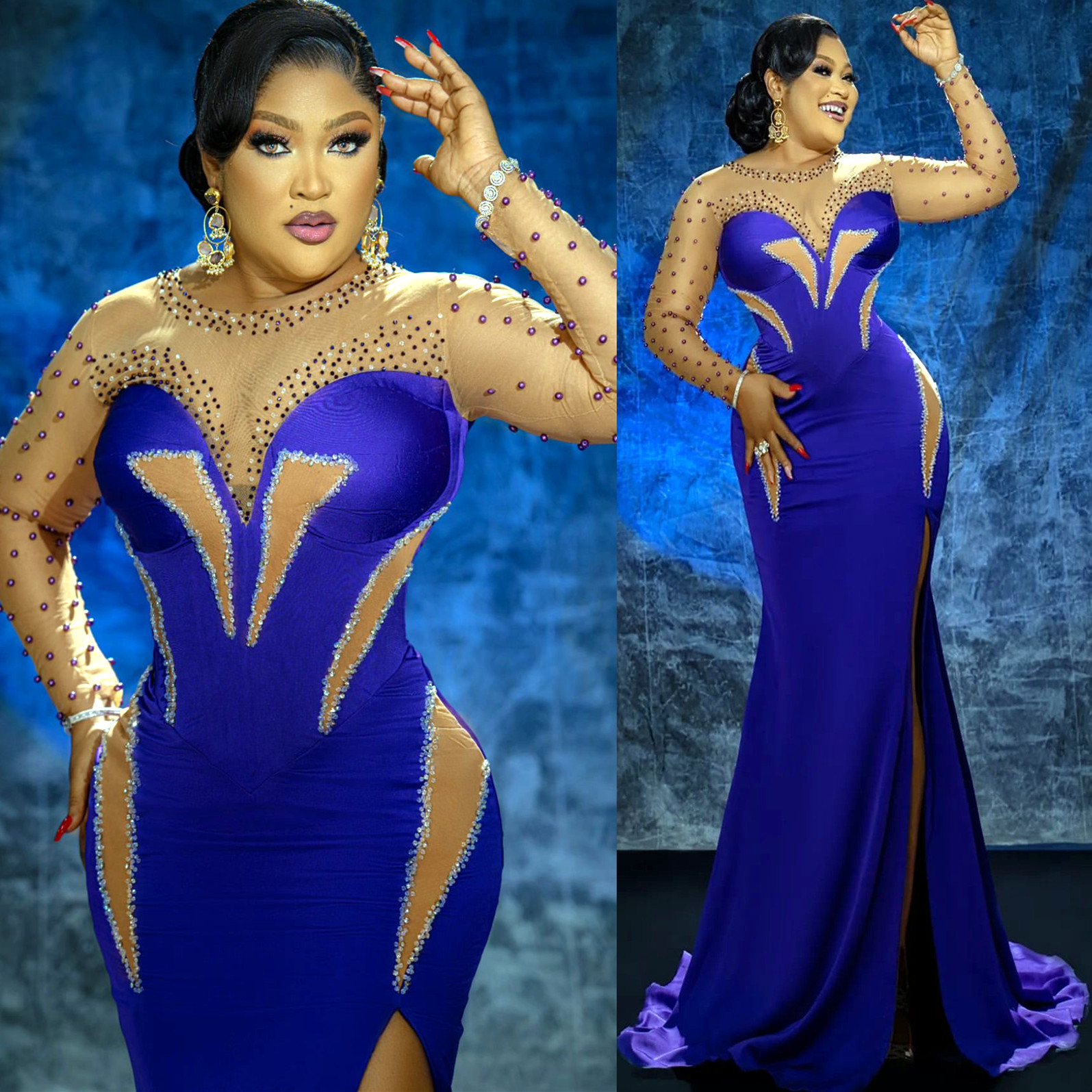 2024 Plus taille Royal Blue Illusion Sirène Prom Robe Satin Promresss en soirée Pourte formelle Deuxième réception Robes de fiançailles d'anniver