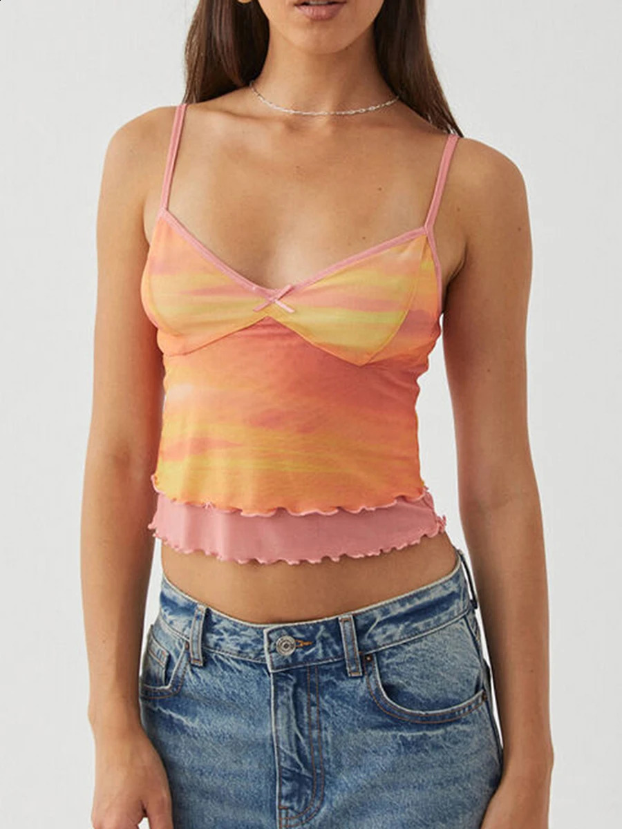 Women Summer Chic Camisole Summer Sleeveless V-neck Printed Slim Fit Tank Tops Female Trendy Vest Crop Tops for Club Streetwear 240812