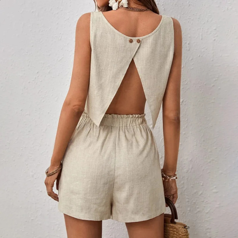 Coton en coton en coton shorts supérieurs sans manches ensembles Summer décontracté haut sans dossier élastique Shorts de poche en deux pièces 24