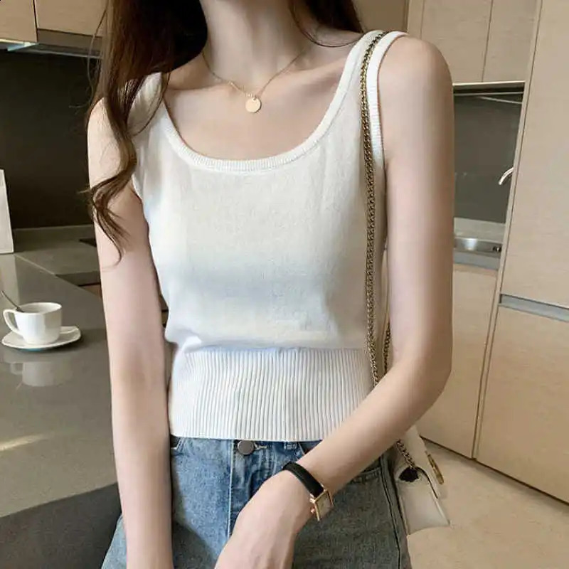 Summer Knitting Simplicity Tank Top for Women Loose Casual Solid Color High Waist U Neck Sleeveless Retro Y2K Chic Tops 240812