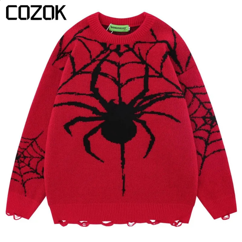 High Street Spider Web Sweater Men Women Harajuku Oversized Round Neck Hole Jumper Unisex Vintage Y2K Loose Sweaters 240812