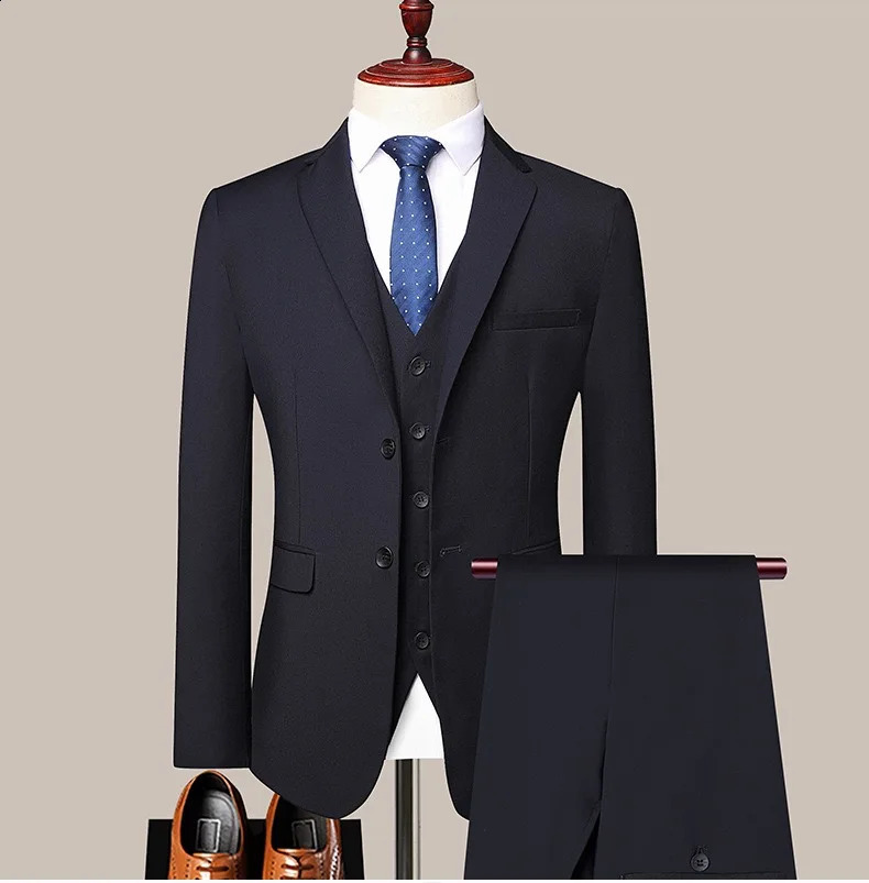 Full Suit Men Business 3 Pieces Suit Sets / Mens Groom Wedding Banquet Solid Color High End high quality SuitJacketVestPants 240812