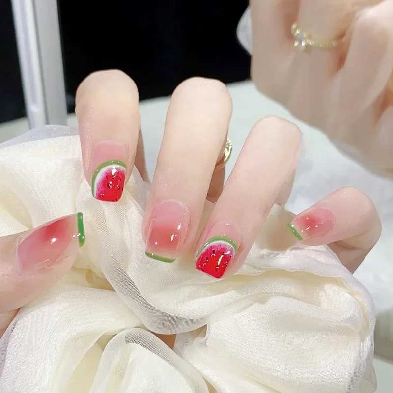24Pcs/Box 2022 Cute and Playful Frozen Watermelon Women Girls Nail Art Fake Nails Handmade Coffin Cute Kawaii Press-On NailsXJ250110-image-1041376511