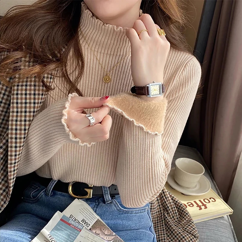 Autumn Winter Women Ruffles Mock Neck Sweater Thicken Fleece Warm Thermal Pullover For Women Cashmere Sweater 240813