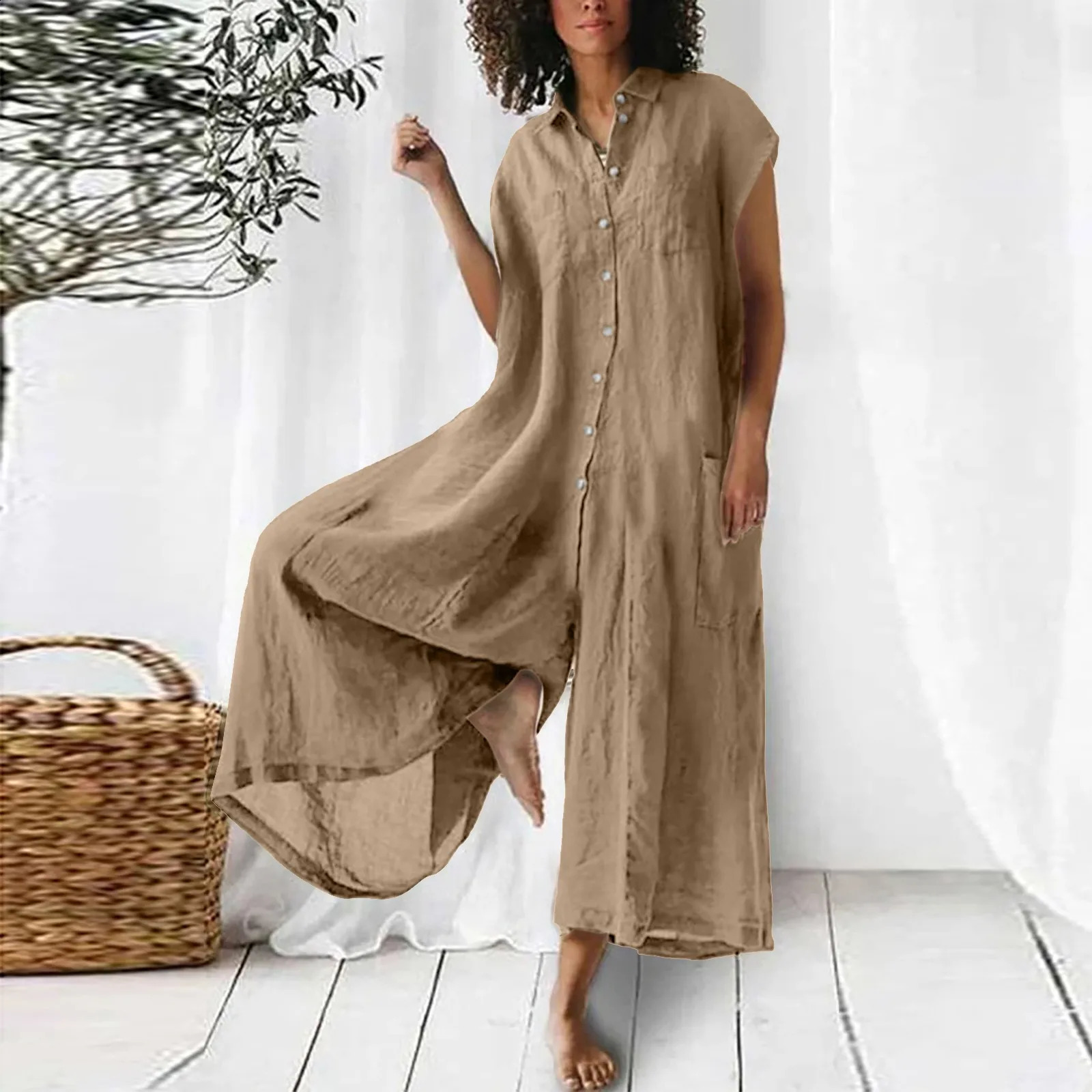 Harajuku Retro Plain Cotton Linen Shirt Jumpsuit Spring Lapel Button Women Rompers Summer Wide Leg Pants Big Pocket Overalls 240813