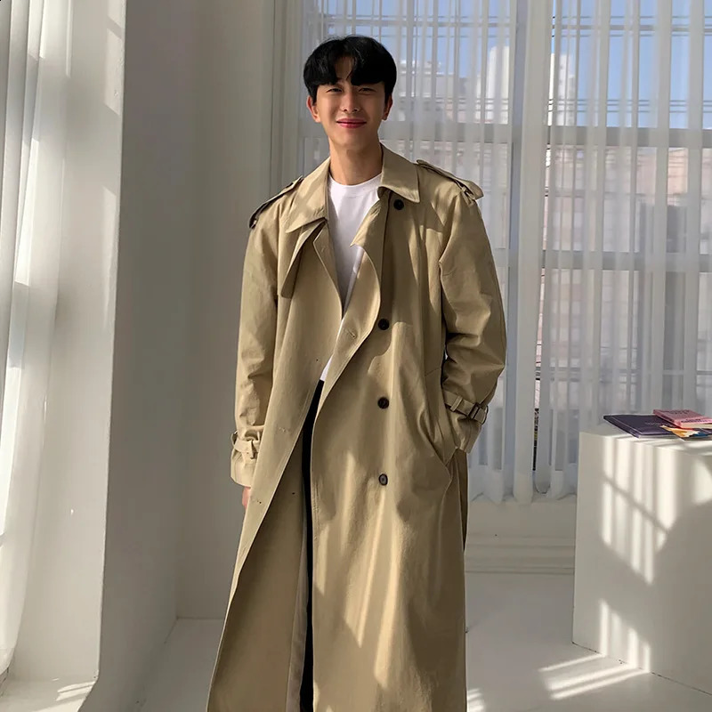 Spring Autumn Mens Fashion Khaki Solid Color Windbreakers Korean Casual Trendy England Loose Japanese Coat Male Tops 250805