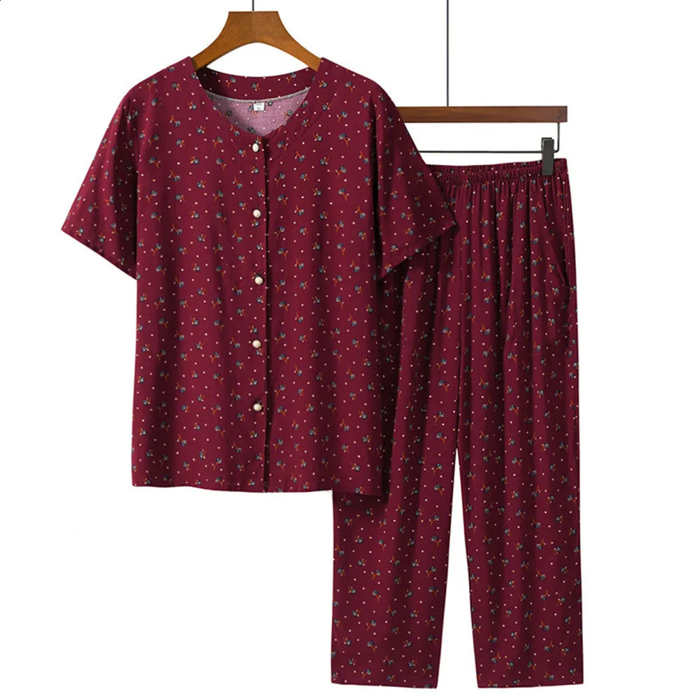 Fdfklak Middle-Aged And Elderly Short Sleeve Sleepwear Loose 2 Pieces Pijama Pjs Loungewear Summer Sleeping Suit 240813