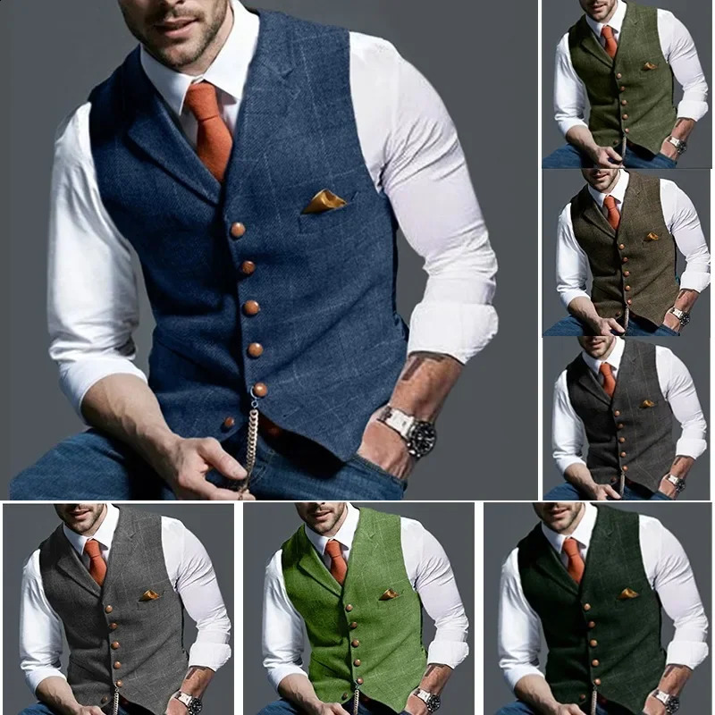 Mens Retro Suit Vest Fashion Plaid Lapel Single-breasted Waistcoat with Pocket Business Casual Formal Vest Tops Mens Clothing 240813