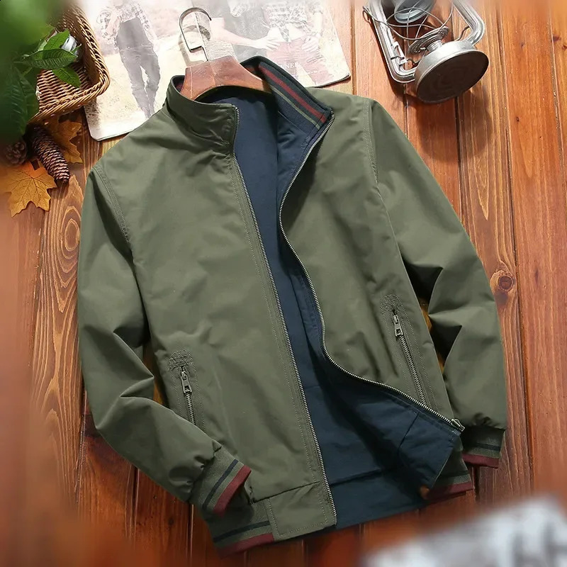 Spring and Autumn mens double-sided jacket casual baseball stand collar jacket mens bomber jacket solid street jacket240812