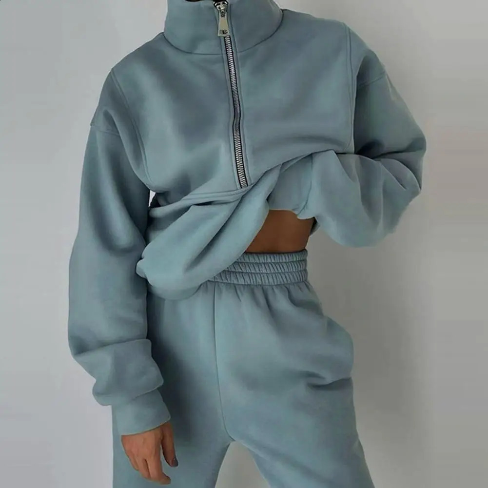 Sport Womens Warm Tracksuit Winter Cotton Fleece Two Piece Set Harem Trouser Suits for Women Velvet Zipper Hoodie Outfits 240813