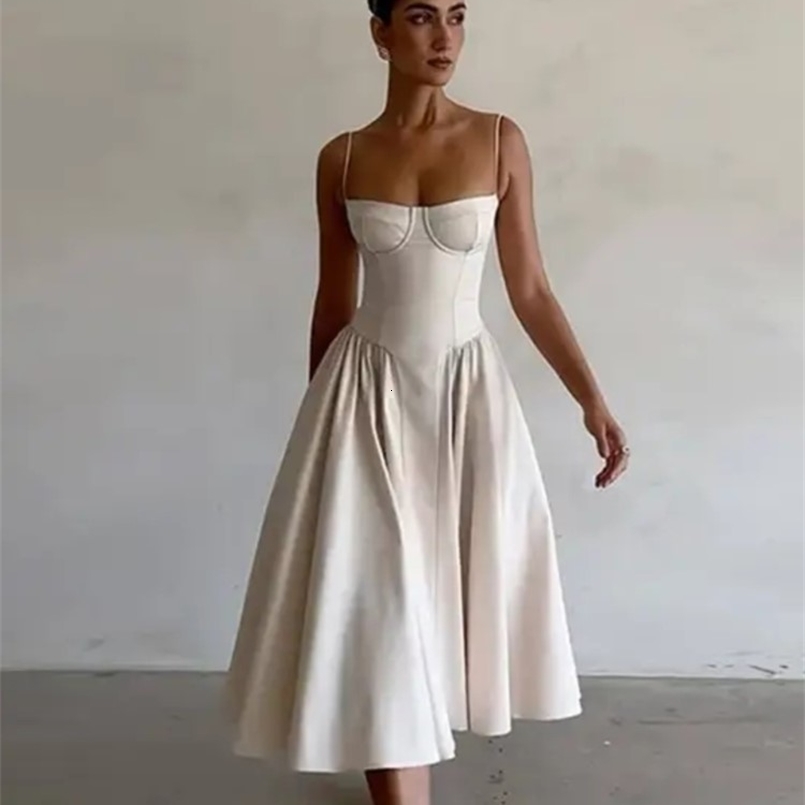 Summer Women Spaghetti Strap Solid Midi Dress Elegant Backless Sleevelss Large Hem A-line Dresses Lady Party Evening Robes 240812cj