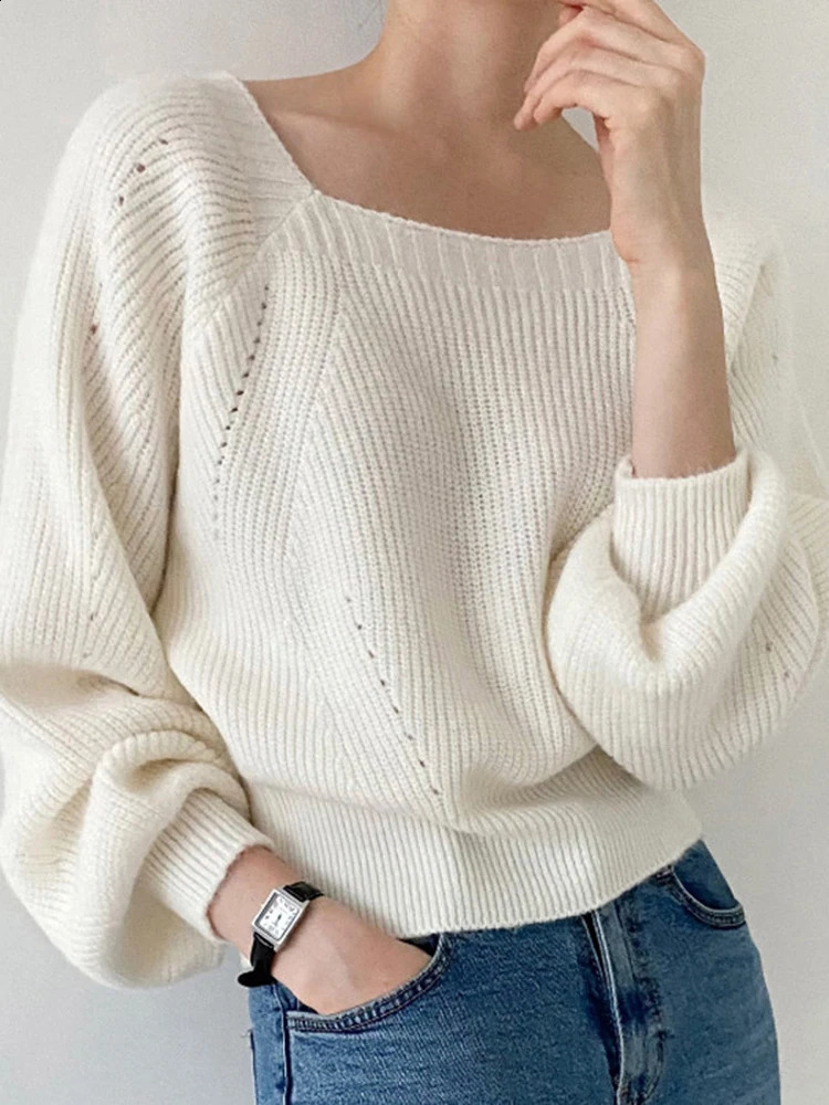 Vintage Square Collar Women Sweater Loose Autumn Winter Long Sleeve Jumper Fashion Solid Knitted Sweaters Female Pullover Tops 240813