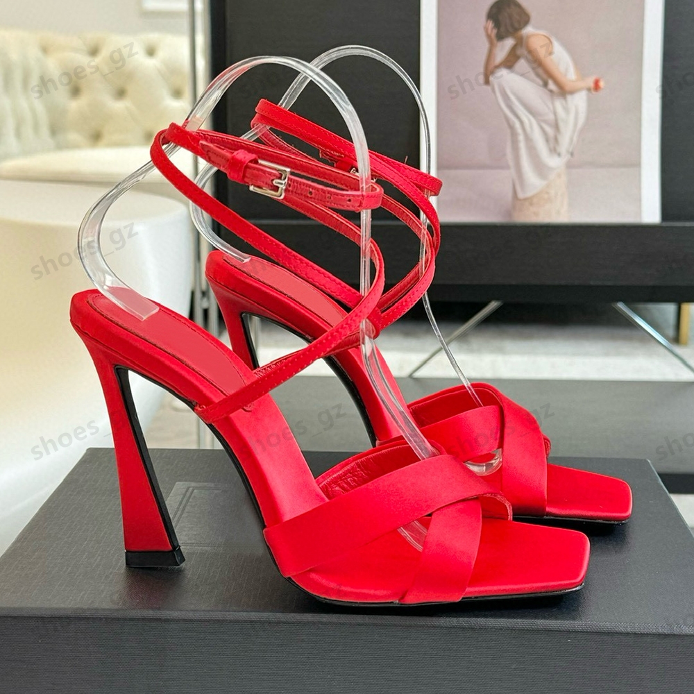 Finishation en satin Designer STILETTO Talons Sandales Chaussures du soir Strap de pied Cross Femmes Femmes High Heed 10 cm Designers de luxe