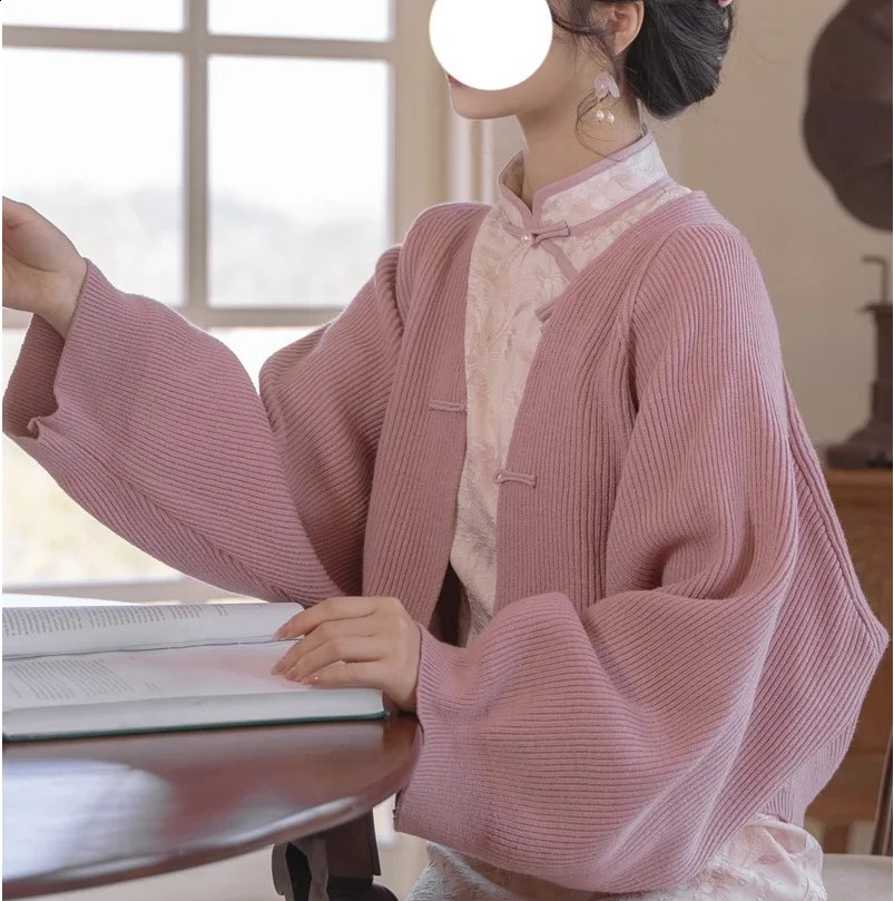 Vintage Knitted Cardigan Womens Half High Collar Short Sweater Coat Chinese Style Top Autumn And Winter Knitted Shrug 240813