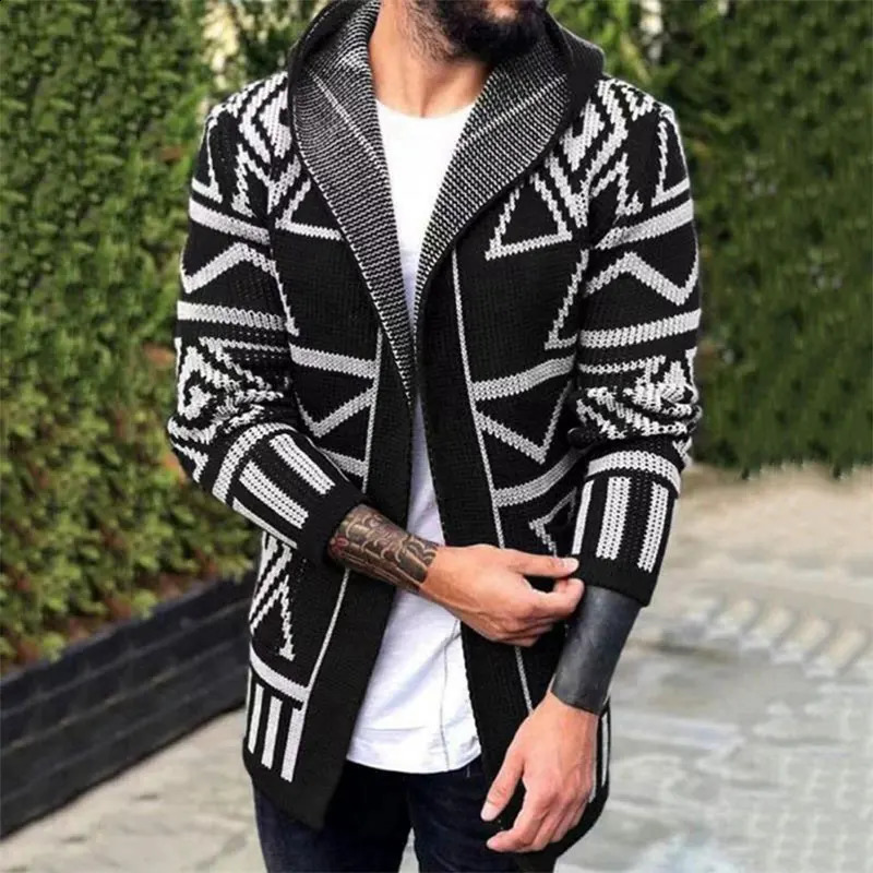 Mens Knitted Cardigan Geometric Printed Hooded Sweater Autumn Fashion Casual High Quality Wool Long Sleeve Knitwear Coat 240813