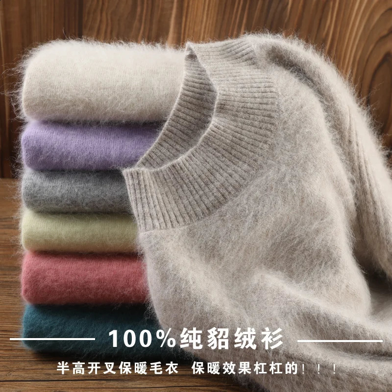 Autumn Winter High Neck 100%Pure Mink Sweater Women Wild Plus Size Pullover Knit Base Shirt Cashmere Sweater Thick Top 240813