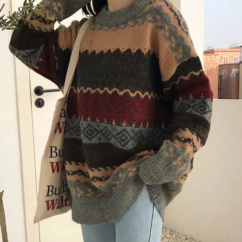 Vintage Sweaters Women Pullover Winter Striped Jumpers Korean Style Loose Pullover Knitwear Casual Loose Sweater Pull Femme 240813
