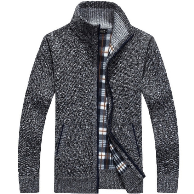 Winter Thick Mens Knitted Sweater Coat Off White Long Sleeve Cardigan Fleece Full Zip Male Causal Plus Size Clothing for Autumn y240812