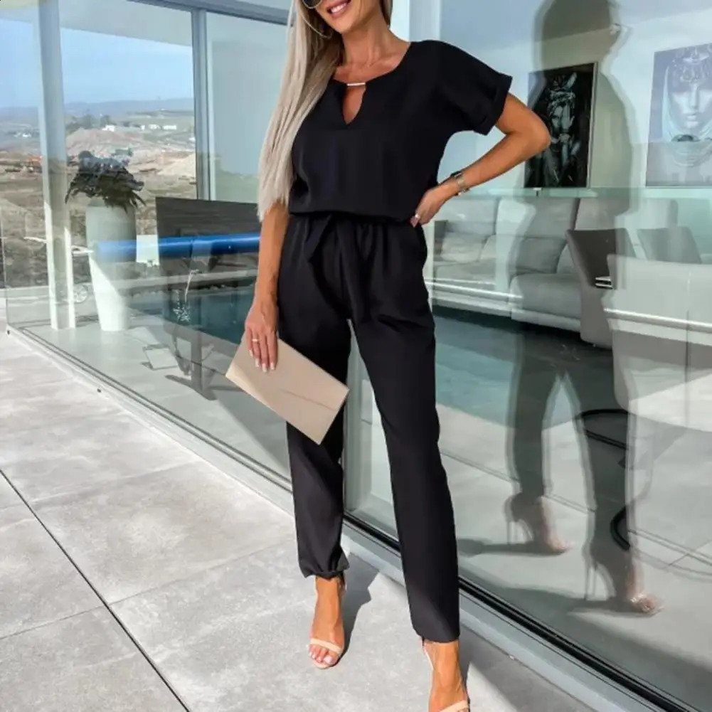 Femmes Jumps Coix d'été V Col à manches courtes Corniteux Mesticules Juin Jumps Cravate Slant Pocle Femme Jumps Couleur Couleur Pantalon décontra