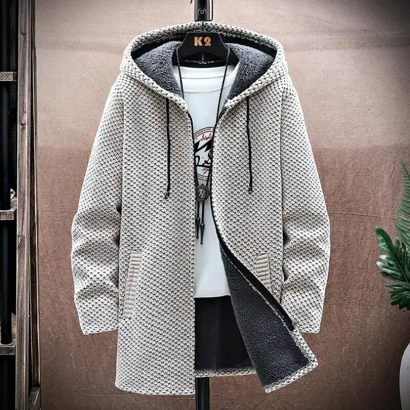 Mens Cardigan Cashmere Long Coat Sweaters with Hoods Autumn Winter Fleece Warm Solid SweaterCoat Windbreaker Men Clothing 240813