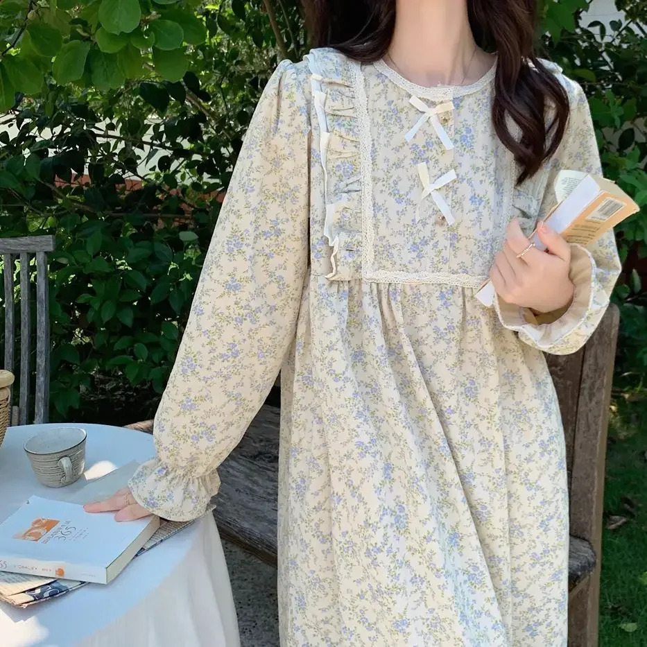 Vêtements de sommeil à imprimé floral pour femmes coréens robes de nuit vintage un pyjamas pyjamas printemps à manches longues à manches à la mai