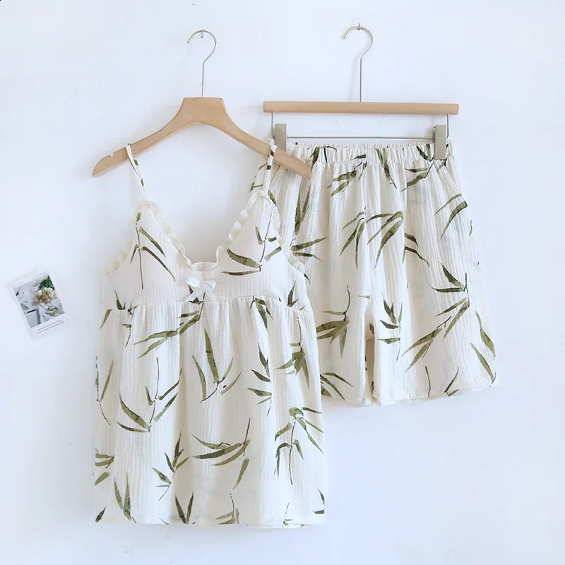 Ensemble d'été pour femmes en deux pièces de tissu en crêpe de coton 100% pur avec coussin de poitrine Douce et mignon fureur maison 240813
