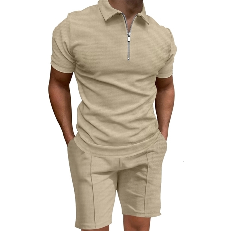 Cross border 2024 summer mens polo shirt set solid color waffle short sleeve slim lapel tshirt y240812