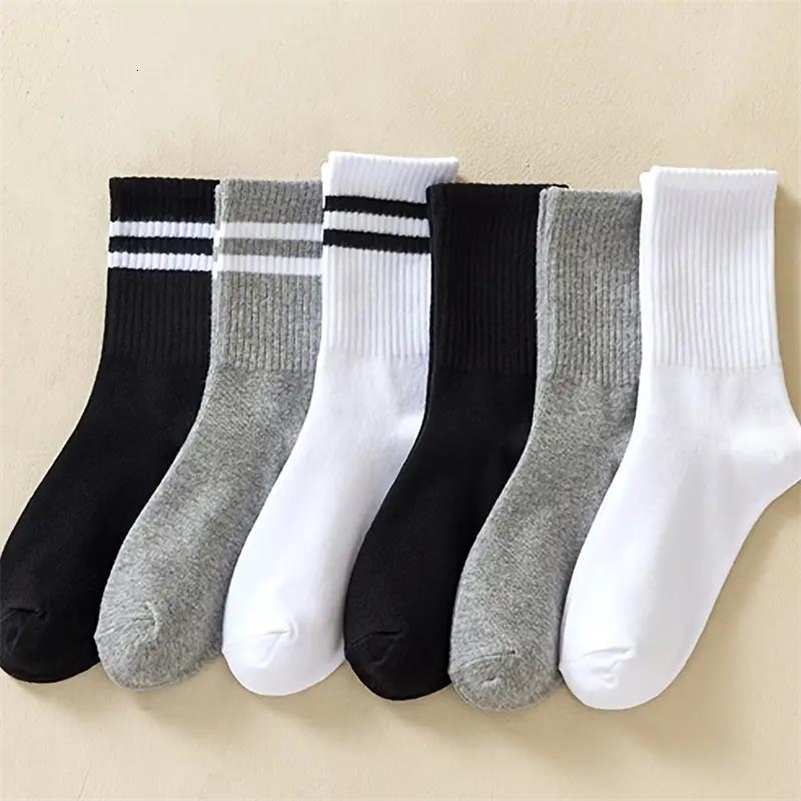 6 pairs Mens Casual Plain Color Striped Socks Cotton Antiodor Sweatabsorbing Breathable Comfy Crew y240812