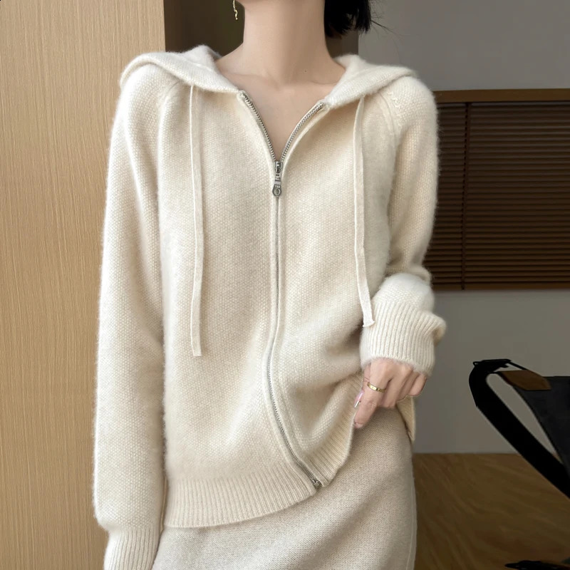 Womens Hoodie 100% Merino Wool Hoodie Autumn/Winter Knitted Cardigan Casual Fashion Solid Color Tops Thick Sweater Warm 240813