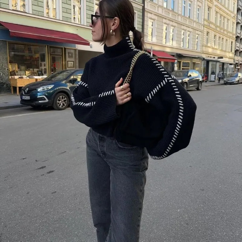 Deeptown Black Basic Sweater Women Harajuku Patchwork Turtleneck Korean Fashion Knit Pullover Oversized Autumn Casual 240813
