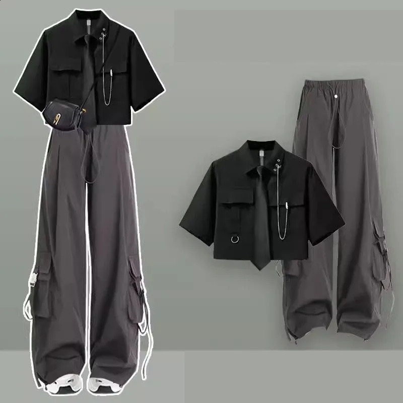 Ensemble de correspondance de survêtement décontracté d'été coréen collège à manches courtes shirtsport large pantalon de cargaison de cargais