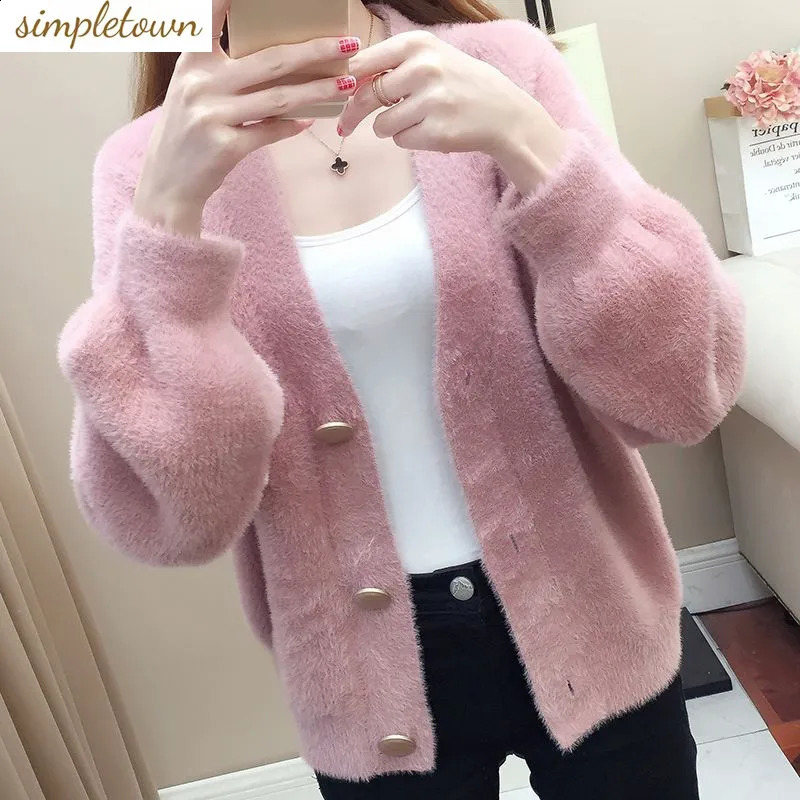 Veste cardigan en peluche printanière pour femmes en tricot coréen lâche Pull court de style lazy pour les femmes 240813