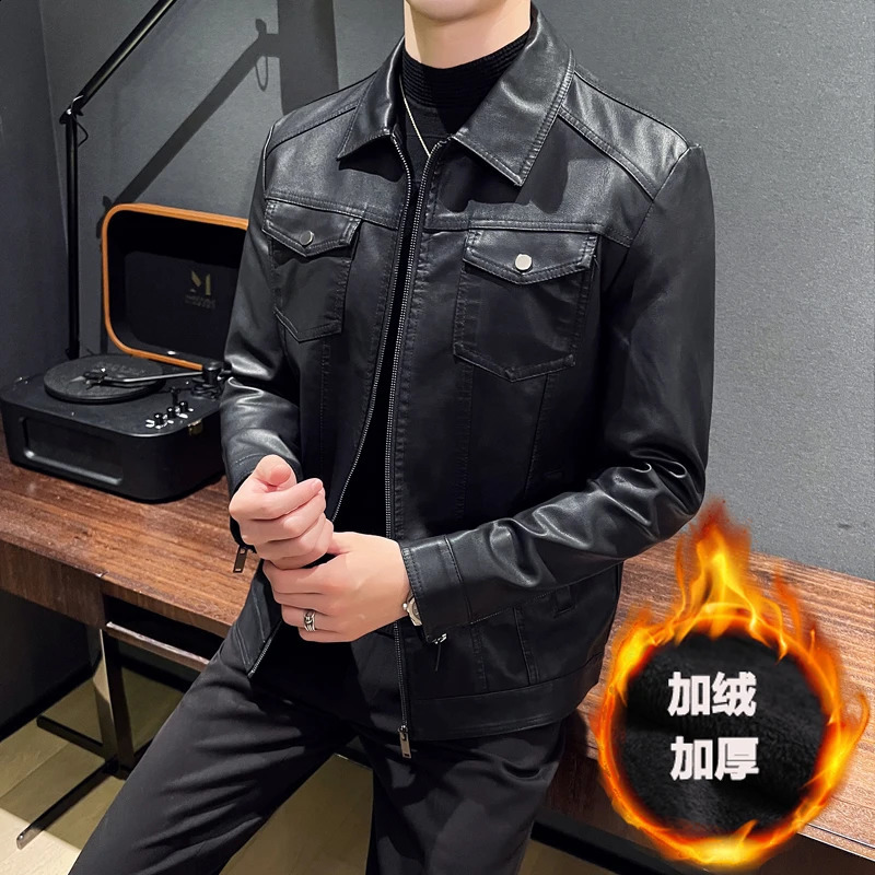 Mens Plus Velvet Men Winter Warm Motorcycle Thickened Leather Coat Man Fleece Autumn PU Leather Coats Fleece Leather Jacket 240813