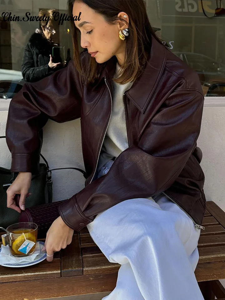 Street PU Zipper Short Jacket Women Long Sleeve Turndown Collar Solid Patchwork Allmatch Jackets 2024 Autumn Fashion Outfit 240812
